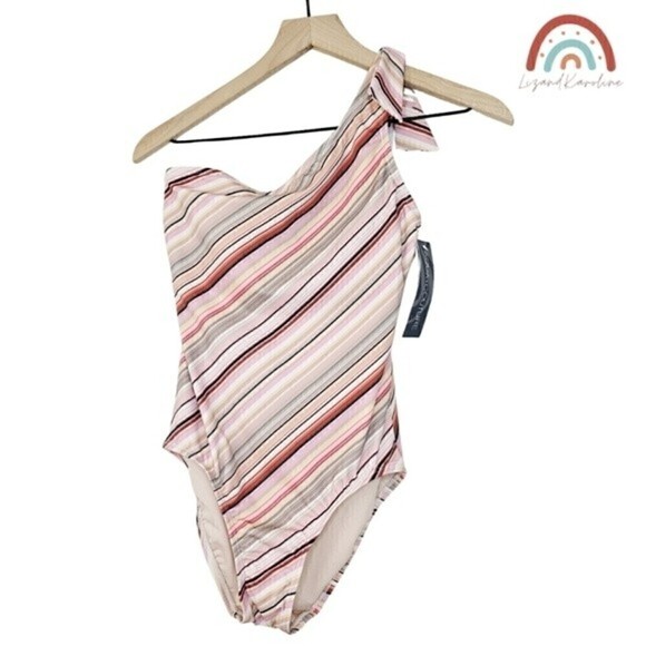 New! Aqua Couture One Shoulder Boho Stripes Tie Knot Bow One Piece Swimsuit - Picture 1 of 12